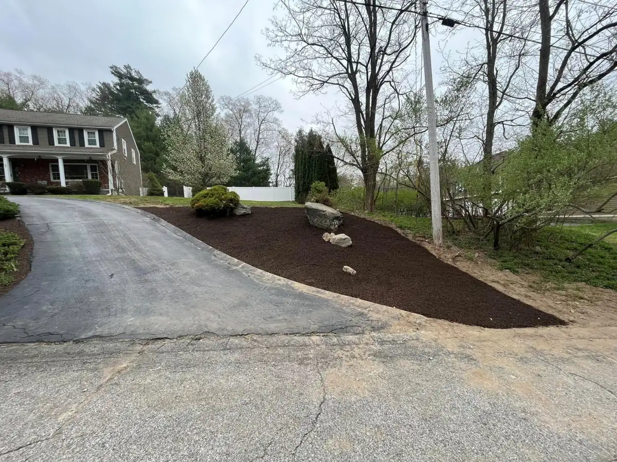 Fresh mulch bed installation along residential driveway